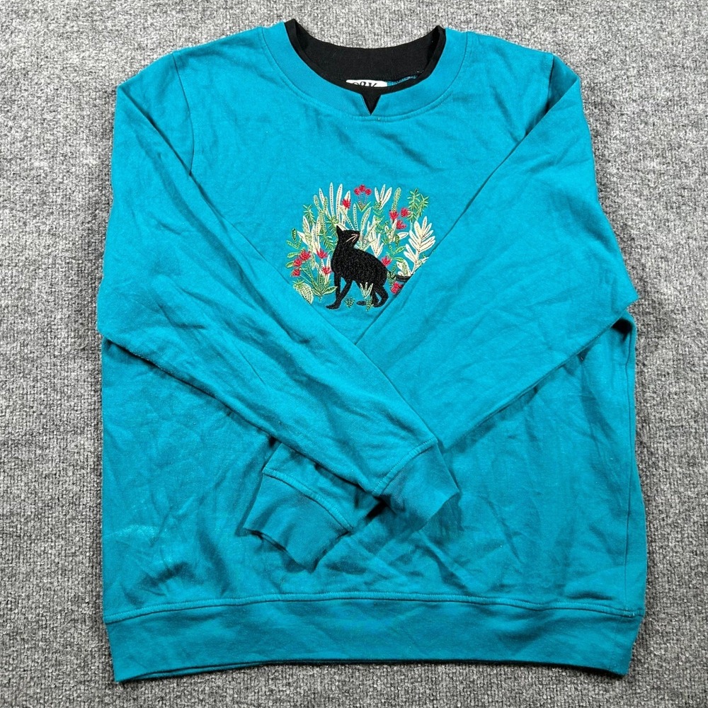 C&K Designs Sweatshirt Womens Size L Teal Embroidered Black Cat Floral Crewneck
